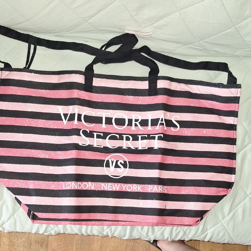 Victoria's Secret Black and Pink Striped Tote